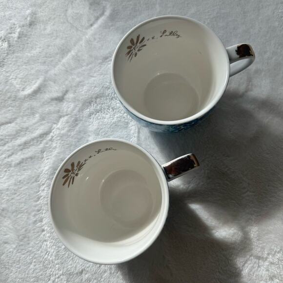 2PC Set Lilly Pulitzer Blue & Green Tea or Coffee Cups with Gold Trim - Picture 2 of 7